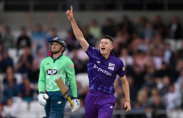 Superchargers bowler Matthew Potts celebrates after bowling Sam Billings during The Hundred match between Northern Superchargers Men and Oval...