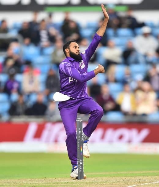 Adil Rashid of Northern Superchargs bowls during The Hundred match between Northern Superchargers Men and Oval Invincibles Men at Emerald Headingley...