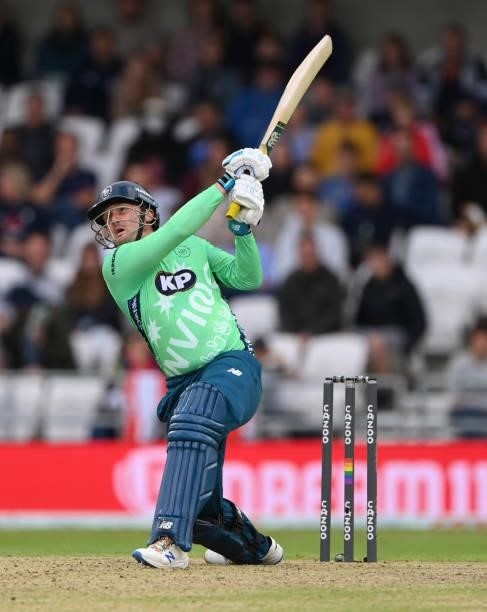 Invincibles batter Jason Roy hits out during The Hundred match between Northern Superchargers Men and Oval Invincibles Men at Emerald Headingley...