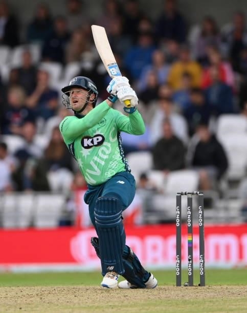 Invincibles batter Jason Roy hits out during The Hundred match between Northern Superchargers Men and Oval Invincibles Men at Emerald Headingley...