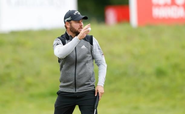 Jordan Smith of England acknowledges the crowd on the 18th green during day three of the ISPS HANDA World Invitational at Galgorm Spa & Golf Resort...