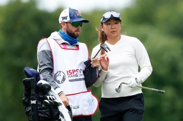 Mina Harigae of the USA on the 17th during day three of the ISPS HANDA World Invitational at Galgorm Spa & Golf Resort on July 31, 2021 in Ballymena,...