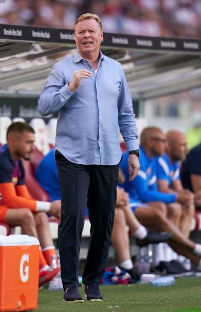 Ronald Koeman, Manager of Barcelona reacts during a pre-season friendly match between VfB Stuttgart and FC Barcelona at Mercedes-Benz Arena on July...