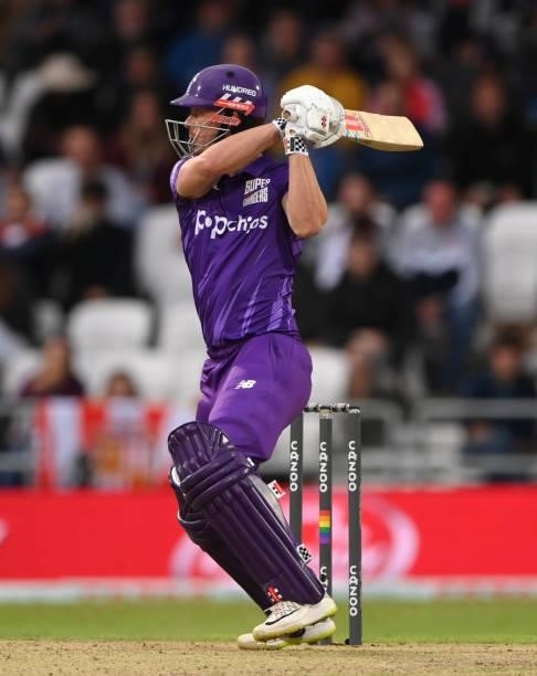 Superchargers batter Chris Lynn hits out during The Hundred match between Northern Superchargers Men and Oval Invincibles Men at Emerald Headingley...