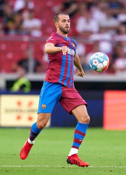 Miralem Pjanic of Barcelona in action during a pre-season friendly match between VfB Stuttgart and FC Barcelona at Mercedes-Benz Arena on July 31,...