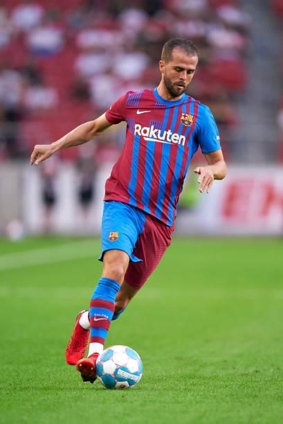 Miralem Pjanic of Barcelona in action during a pre-season friendly match between VfB Stuttgart and FC Barcelona at Mercedes-Benz Arena on July 31,...