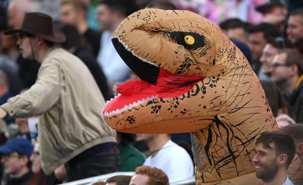 An inflatable Dinosaur in the Western Terrace is pictured during The Hundred match between Northern Superchargers Men and Oval Invincibles Men at...