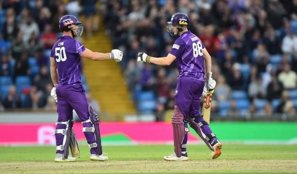 Chris Lynn and Harry Brook of Northern Superchargers fist pump during The Hundred match between Northern Superchargers Men and Oval Invincibles Men...