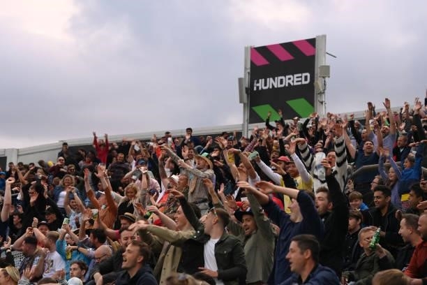 The crowd do a mexican wave in the Western Terrace during The Hundred match between Northern Superchargers Men and Oval Invincibles Men at Emerald...
