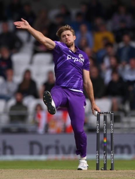 Superchargers bowler David Willey in action during The Hundred match between Northern Superchargers Men and Oval Invincibles Men at Emerald...