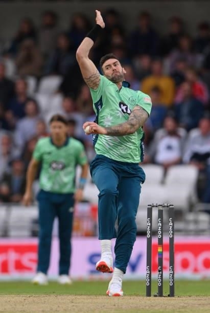 Invincibles bowler Reece Topley in action during The Hundred match between Northern Superchargers Men and Oval Invincibles Men at Emerald Headingley...