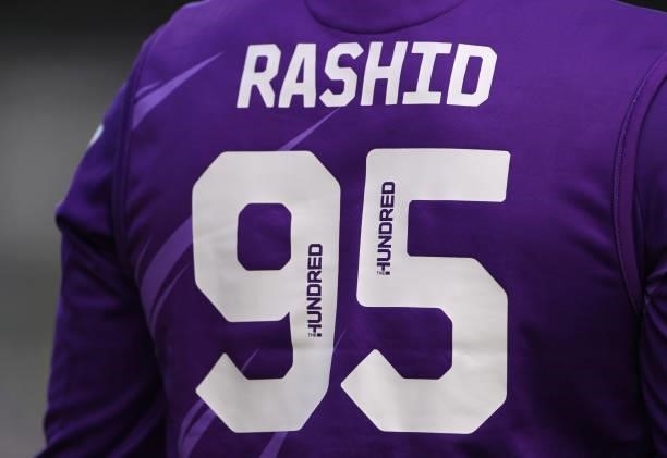 Detail of the number and name on the back of the shirt of Superchargers bowler Adil Rashid during The Hundred match between Northern Superchargers...