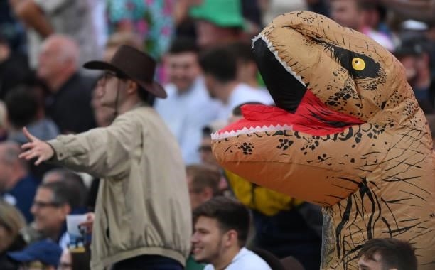 An inflatable Dinosaur in the Western Terrace is pictured during The Hundred match between Northern Superchargers Men and Oval Invincibles Men at...