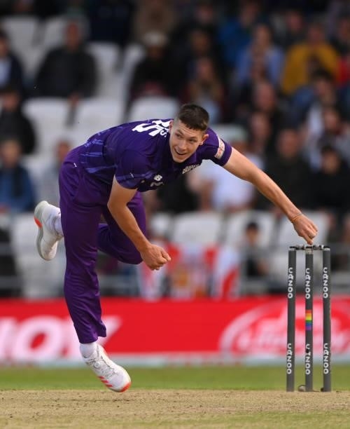 Superchargers bowler Matthew Potts in bowling action during The Hundred match between Northern Superchargers Men and Oval Invincibles Men at Emerald...