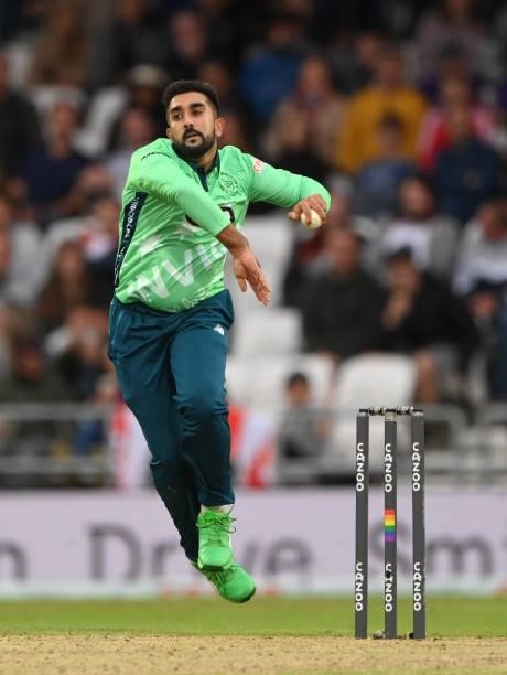 Invincibles bowler Tabraiz Shamsi in action during The Hundred match between Northern Superchargers Men and Oval Invincibles Men at Emerald...