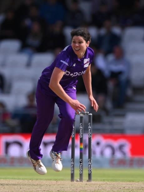 Superchargers bowler Alice Davidson-Richards in bowling action during The Hundred match between Northern Superchargers Women and Oval Invincibles...