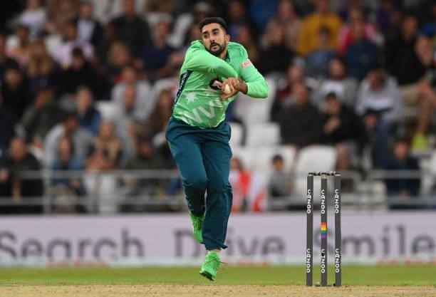 Invincibles bowler Tabraiz Shamsi in action during The Hundred match between Northern Superchargers Men and Oval Invincibles Men at Emerald...