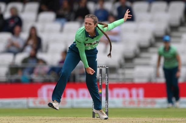 Invincibles bowler Dani Gregory in bowling action during The Hundred match between Northern Superchargers Women and Oval Invincibles Women at Emerald...