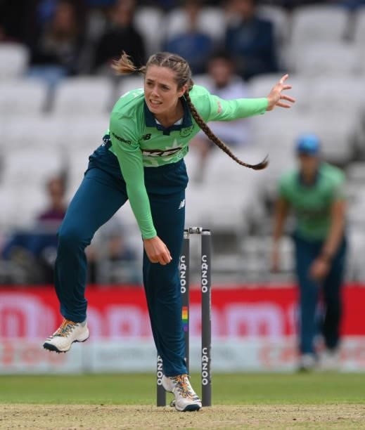Invincibles bowler Dani Gregory in bowling action during The Hundred match between Northern Superchargers Women and Oval Invincibles Women at Emerald...