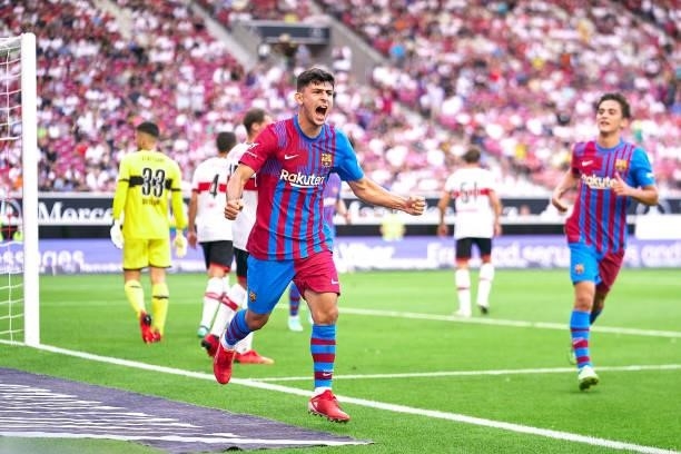 Yusuf Demir of FC Barcelona celebrates after scoring his team's second goal during a pre-season friendly match between VfB Stuttgart and FC Barcelona...