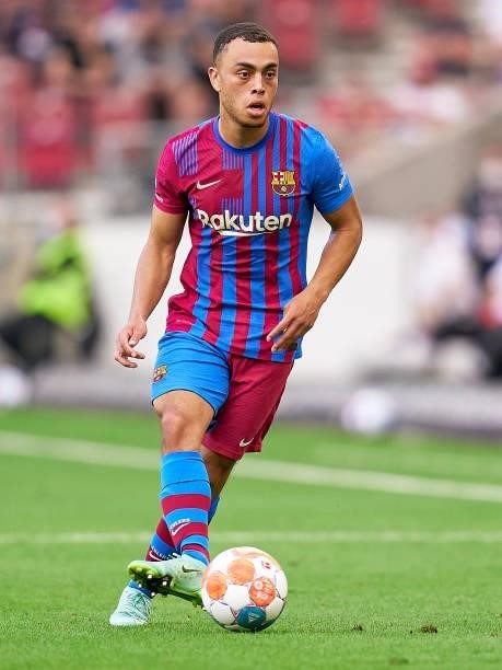 Sergino Dest of FC Barcelona with the ball during a pre-season friendly match between VfB Stuttgart and FC Barcelona at Mercedes-Benz Arena on July...