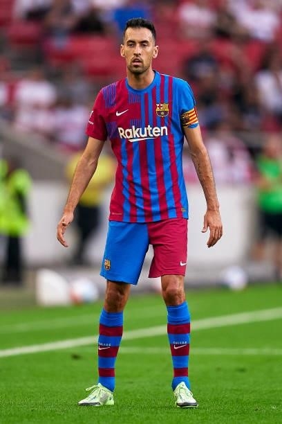Sergio Busquets of FC Barcelona in action during a pre-season friendly match between VfB Stuttgart and FC Barcelona at Mercedes-Benz Arena on July...