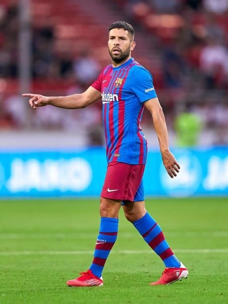 Jordi Alba of FC Barcelona with the ball during a pre-season friendly match between VfB Stuttgart and FC Barcelona at Mercedes-Benz Arena on July 31,...
