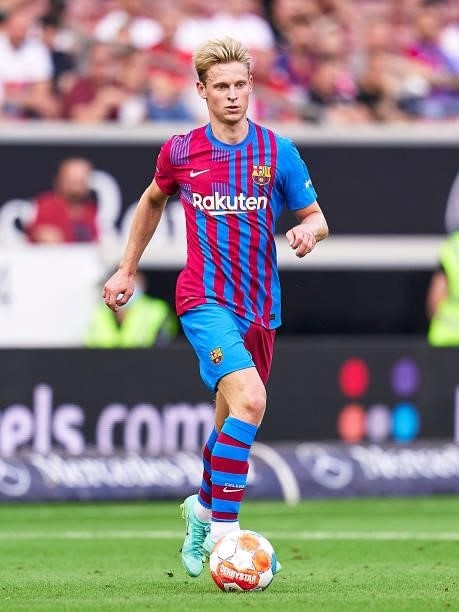 Frenkie De Jong of FC Barcelona with the ball during a pre-season friendly match between VfB Stuttgart and FC Barcelona at Mercedes-Benz Arena on...