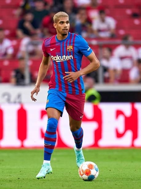 Ronald Araujo of FC Barcelona with the ball during a pre-season friendly match between VfB Stuttgart and FC Barcelona at Mercedes-Benz Arena on July...