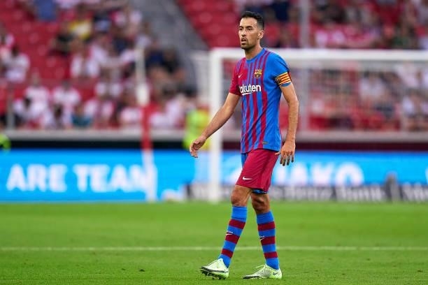Sergio Busquets of FC Barcelona in action during a pre-season friendly match between VfB Stuttgart and FC Barcelona at Mercedes-Benz Arena on July...