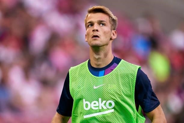 Arnau Comas of FC Barcelona warms up during a pre-season friendly match between VfB Stuttgart and FC Barcelona at Mercedes-Benz Arena on July 31,...