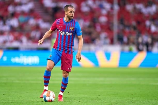 Miralem Pjanic of FC Barcelona with the ball during a pre-season friendly match between VfB Stuttgart and FC Barcelona at Mercedes-Benz Arena on July...