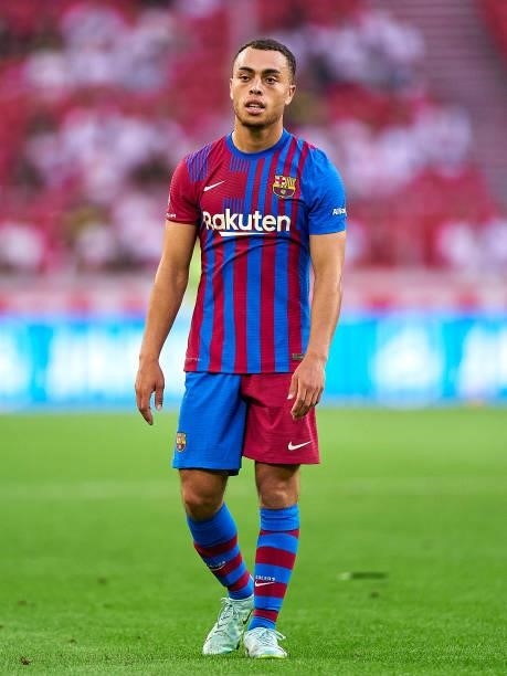 Sergino Dest of FC Barcelona looks on during a pre-season friendly match between VfB Stuttgart and FC Barcelona at Mercedes-Benz Arena on July 31,...