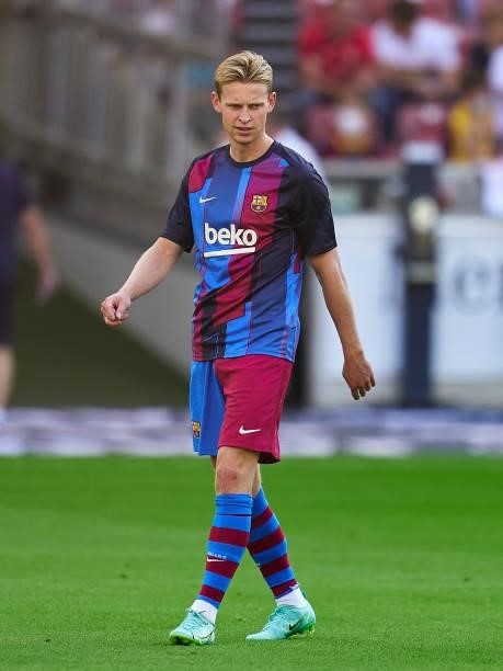 Frenkie De Jong of FC Barcelona in action during the prematch warm up prior to a pre-season friendly match between VfB Stuttgart and FC Barcelona at...
