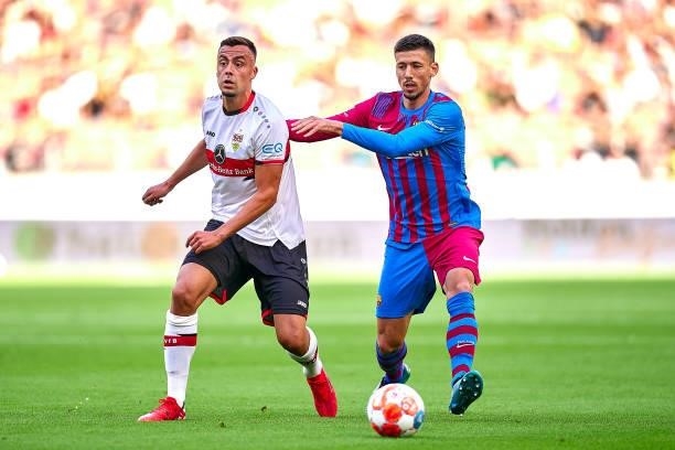 Clement Lenglet of FC Barcelona competes for the ball during a pre-season friendly match between VfB Stuttgart and FC Barcelona at Mercedes-Benz...