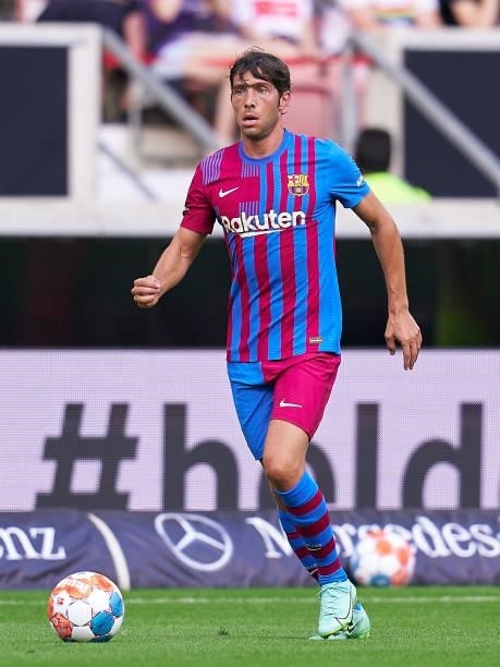 Sergi Roberto of FC Barcelona with the ball during a pre-season friendly match between VfB Stuttgart and FC Barcelona at Mercedes-Benz Arena on July...