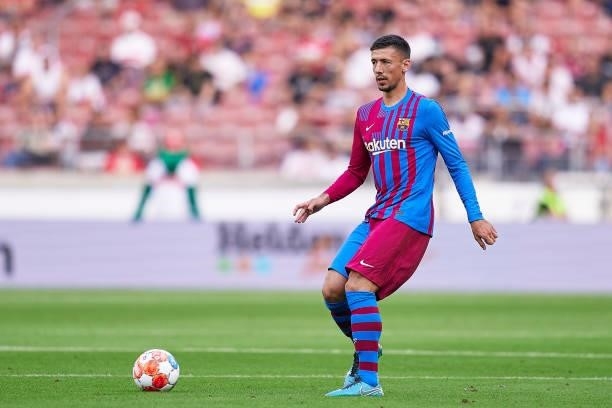 Clement Lenglet of FC Barcelona with the ball during a pre-season friendly match between VfB Stuttgart and FC Barcelona at Mercedes-Benz Arena on...