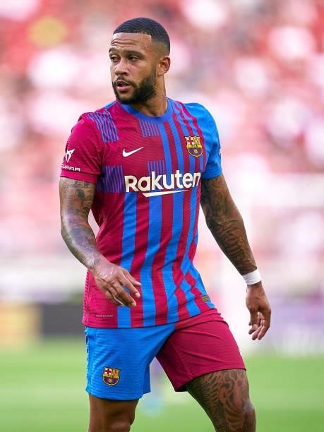 Memphis Depay of FC Barcelona looks on during a pre-season friendly match between VfB Stuttgart and FC Barcelona at Mercedes-Benz Arena on July 31,...