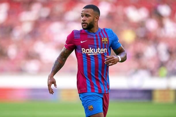 Memphis Depay of FC Barcelona looks on during a pre-season friendly match between VfB Stuttgart and FC Barcelona at Mercedes-Benz Arena on July 31,...