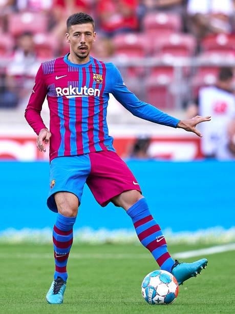 Clement Lenglet of FC Barcelona with the ball during a pre-season friendly match between VfB Stuttgart and FC Barcelona at Mercedes-Benz Arena on...