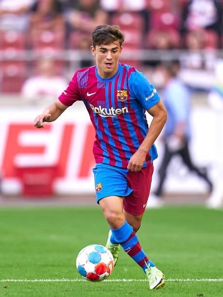 Pablo Paez Gavi of FC Barcelona with the ball during a pre-season friendly match between VfB Stuttgart and FC Barcelona at Mercedes-Benz Arena on...