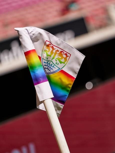 Rainbow colored corner flag is seen in supporting Diversity inside the stadium prior to the a pre-season friendly match between VfB Stuttgart and FC...