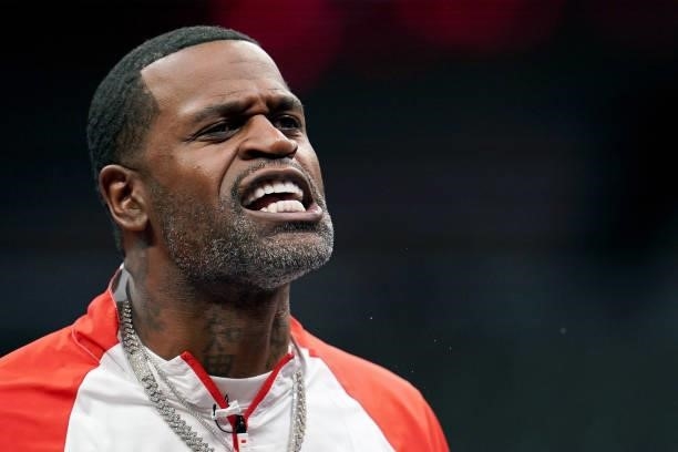 Coach Stephen Jackson of the Trilogy reacts after beating the Aliens during BIG3 - Week Four at the American Airlines Center on July 31, 2021 in...