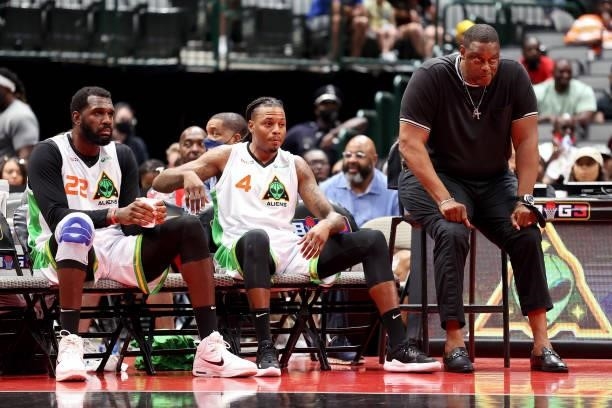 Greg Oden, Brandon Rush, and coach Rick Mahorn of the Aliens look on during the game against the Trilogy during BIG3 - Week Four at the American...