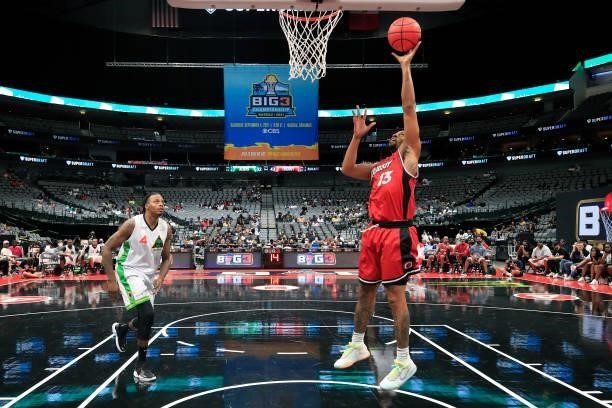 Isaiah Briscoe of the Trilogy attempts a layup during the game against the Aliens during BIG3 - Week Four at the American Airlines Center on July 31,...