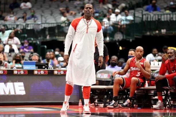 Coach Stephen Jackson of the Trilogy looks on during the game against the Aliens during BIG3 - Week Four at the American Airlines Center on July 31,...