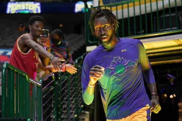 Mamadou N'Diaye of the 3 Headed Monsters is introduced before the game against the Bivouac during BIG3 - Week Four at the American Airlines Center on...