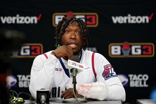 Nate Robinson of Tri State speaks to the media after beating 3's Company 50-45 during BIG3 - Week Four at the American Airlines Center on July 31,...
