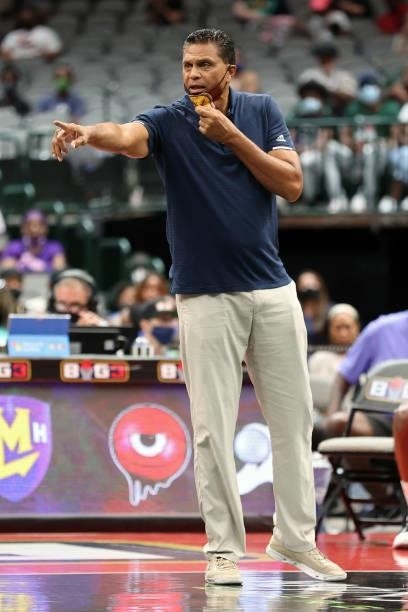 Coach Reggie Theus of the Bivouac calls out instructions during the game against the 3 Headed Monsters during BIG3 - Week Four at the American...