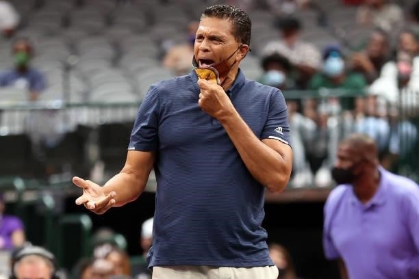 Coach Reggie Theus of the Bivouac reacts during the game against the 3 Headed Monsters during BIG3 - Week Four at the American Airlines Center on...